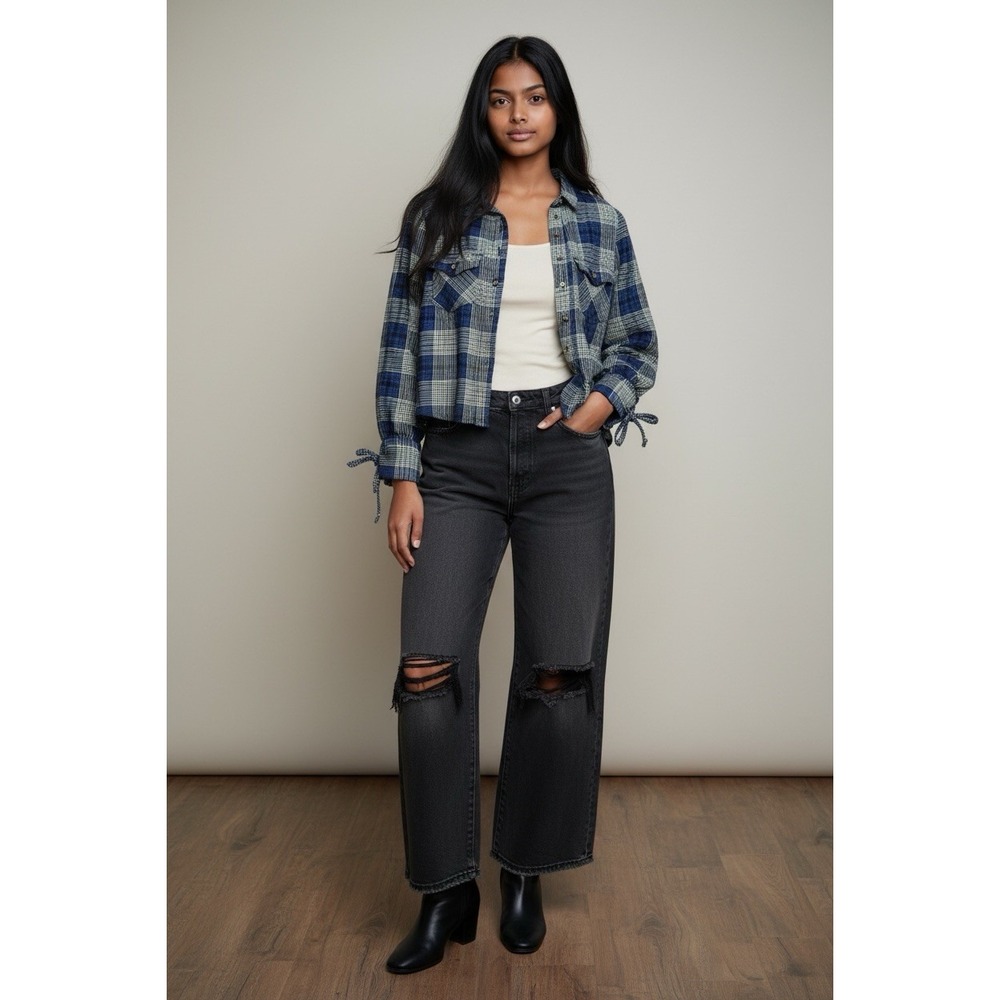 Free People We The Free XS Navy Plaid Puff Sleeve Tie Cuff Button Shirt Grunge